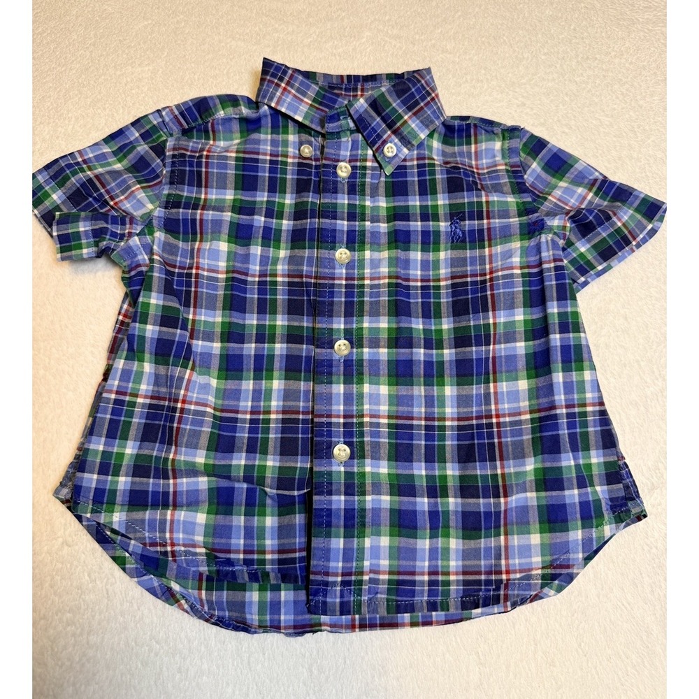 Ralph Lauren Shirt Button Up Short Sleeve Blue Green Plaid Blue Pony 12 Months